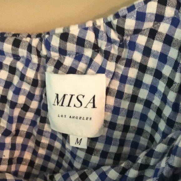Misa Los Angeles Blue White Gingham Ruffle Sleeve One Shoulder Blouse - Picture 2 of 8